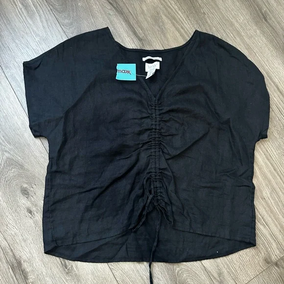 100% Black Linen Nicole Miller Black V-Neck Ruched Drawstring Top Shirt NWT - Picture 3 of 8